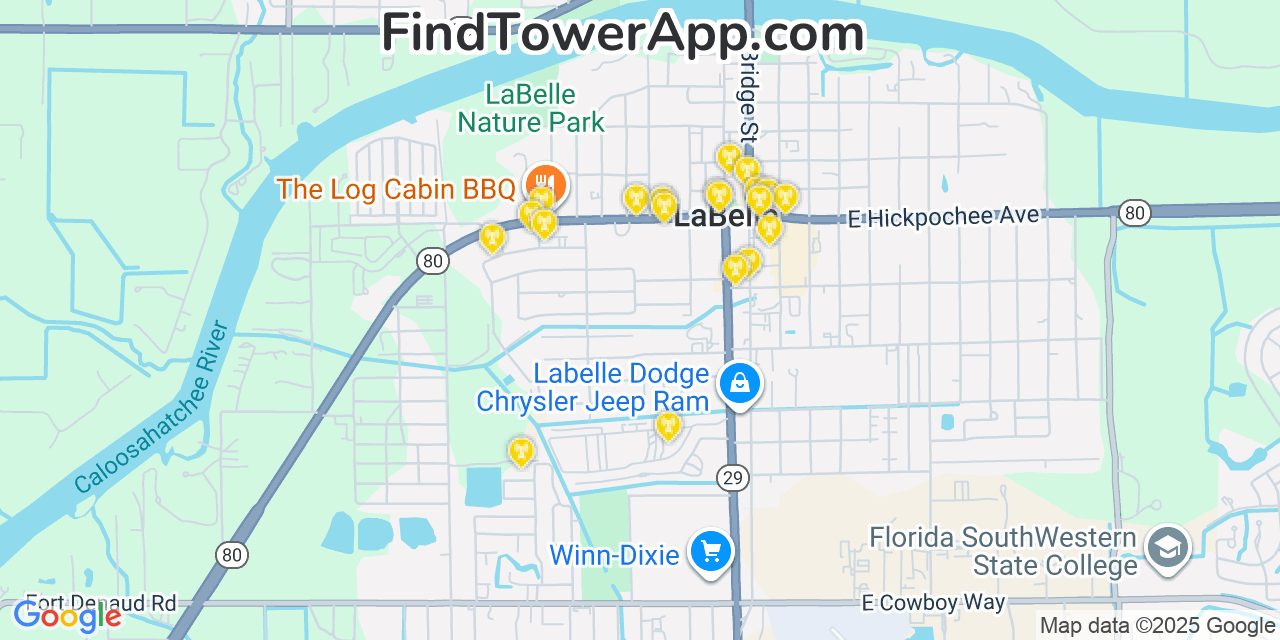 Map showing the 20 primary T-Mobile cell tower locations detected in Labelle, Florida with coverage radius and signal strength indicators