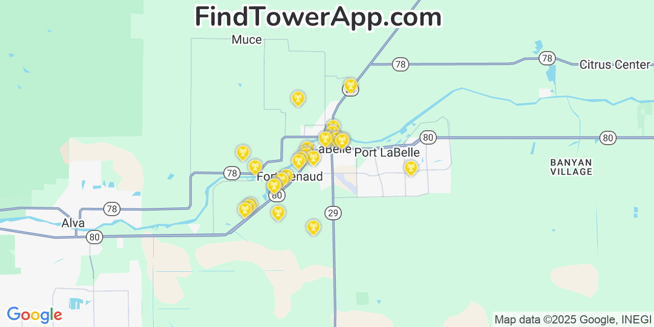 Map showing the 28 primary Verizon cell tower locations detected in Labelle, Florida with coverage radius and signal strength indicators