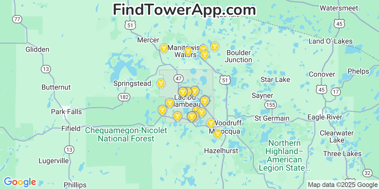 Map showing the 38 primary AT&T cell tower locations detected in Lac Du Flambeau, Wisconsin with coverage radius and signal strength indicators
