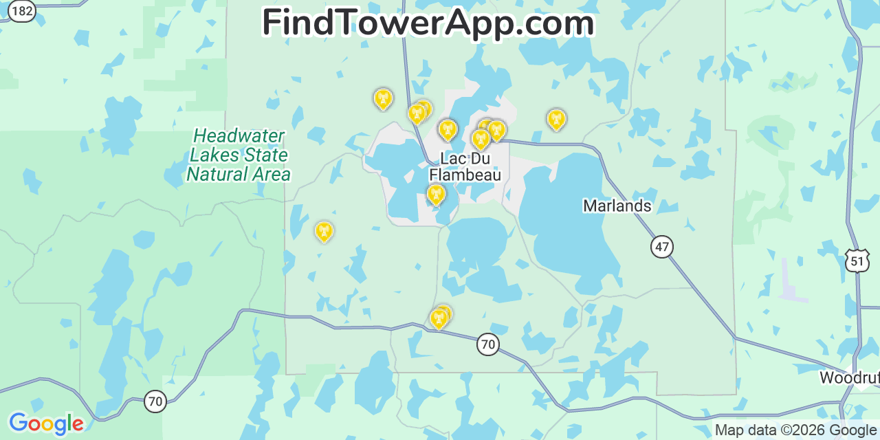 Map showing the 20 primary cell tower locations detected in Lac Du Flambeau, Wisconsin from AT&T, Verizon, and T-Mobile networks