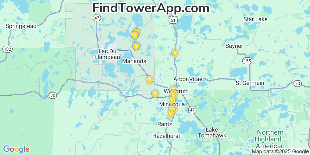 Map showing the 23 primary T-Mobile cell tower locations detected in Lac Du Flambeau, Wisconsin with coverage radius and signal strength indicators