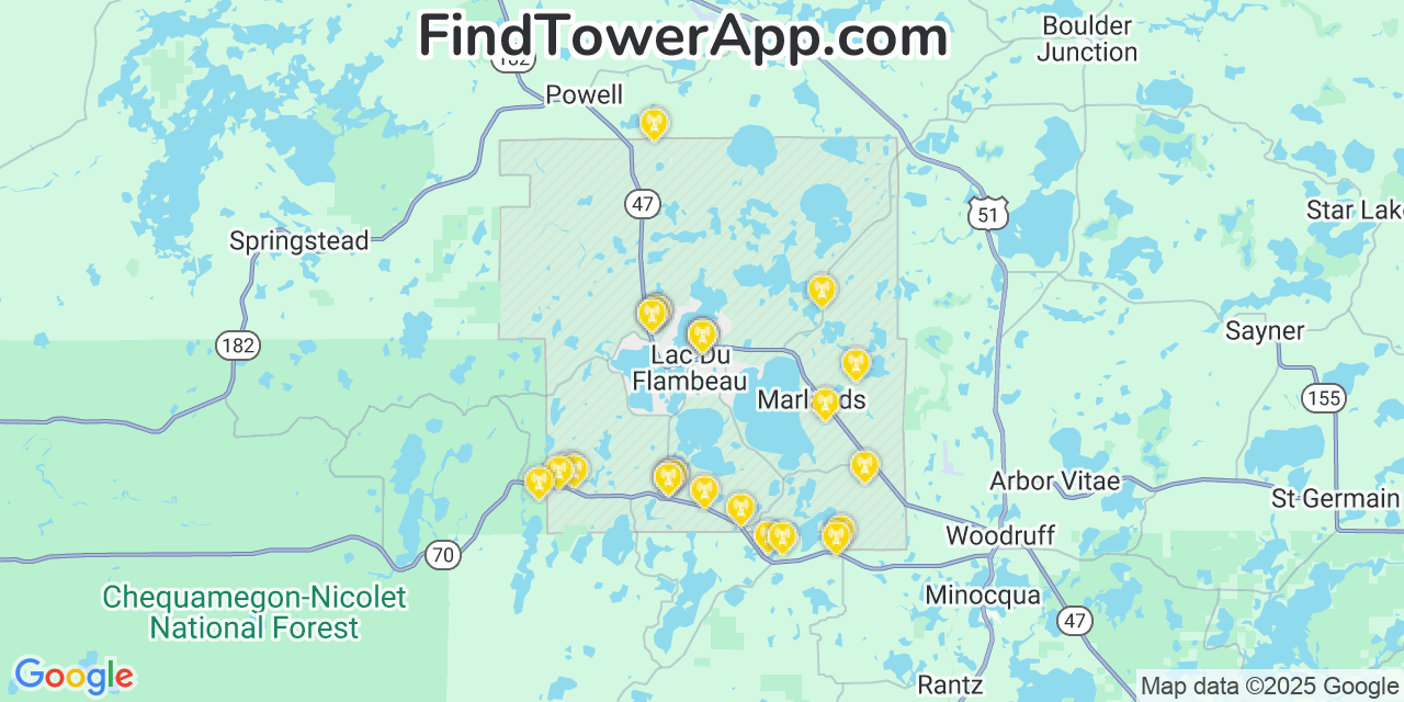 Map showing the 26 primary Verizon cell tower locations detected in Lac Du Flambeau, Wisconsin with coverage radius and signal strength indicators