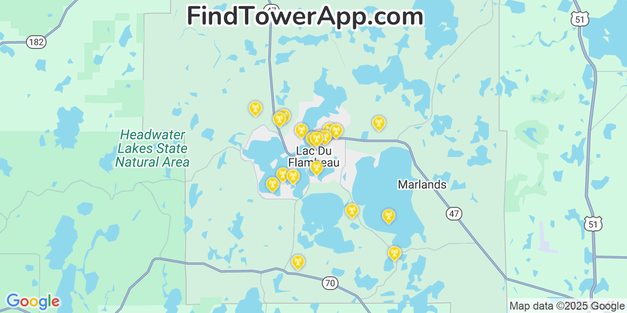 Map showing the 20 primary cell tower locations detected in Lac du Flambeau, Wisconsin from AT&T, Verizon, and T-Mobile networks