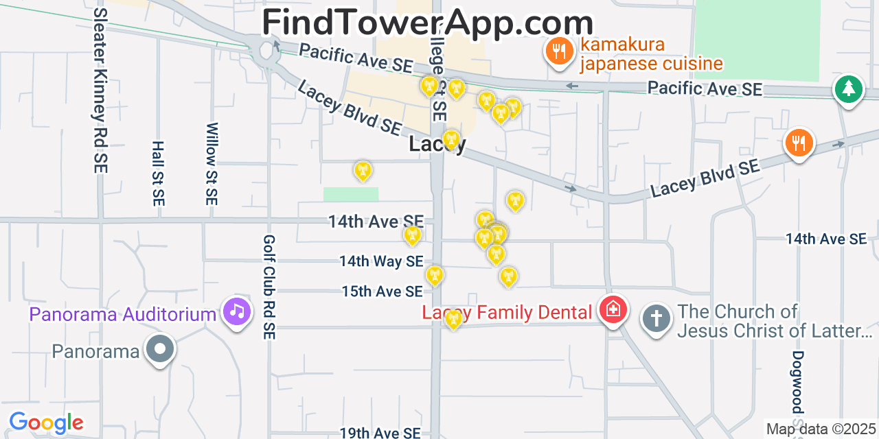 Map showing the 20 primary cell tower locations detected in Lacey, Washington from AT&T, Verizon, and T-Mobile networks