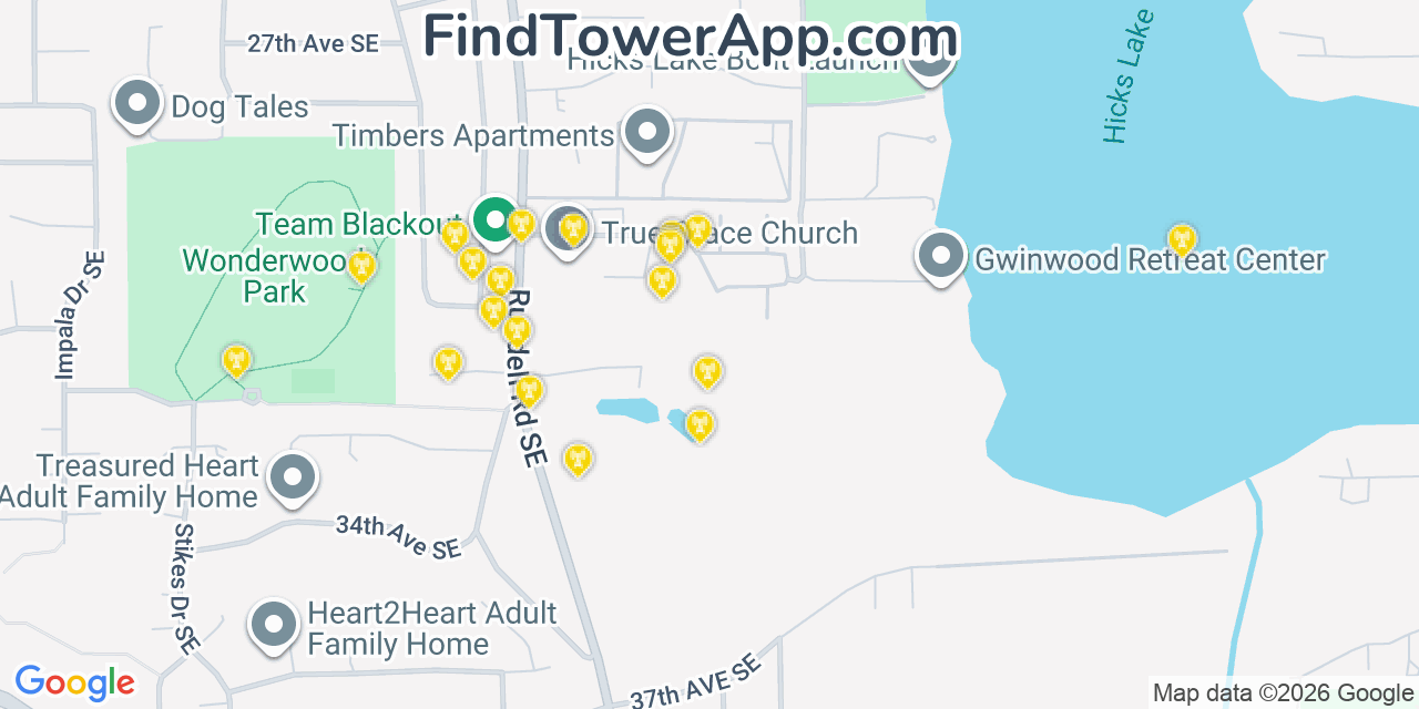 Map showing the 20 primary cell tower locations detected in Lacey, Washington from AT&T, Verizon, and T-Mobile networks