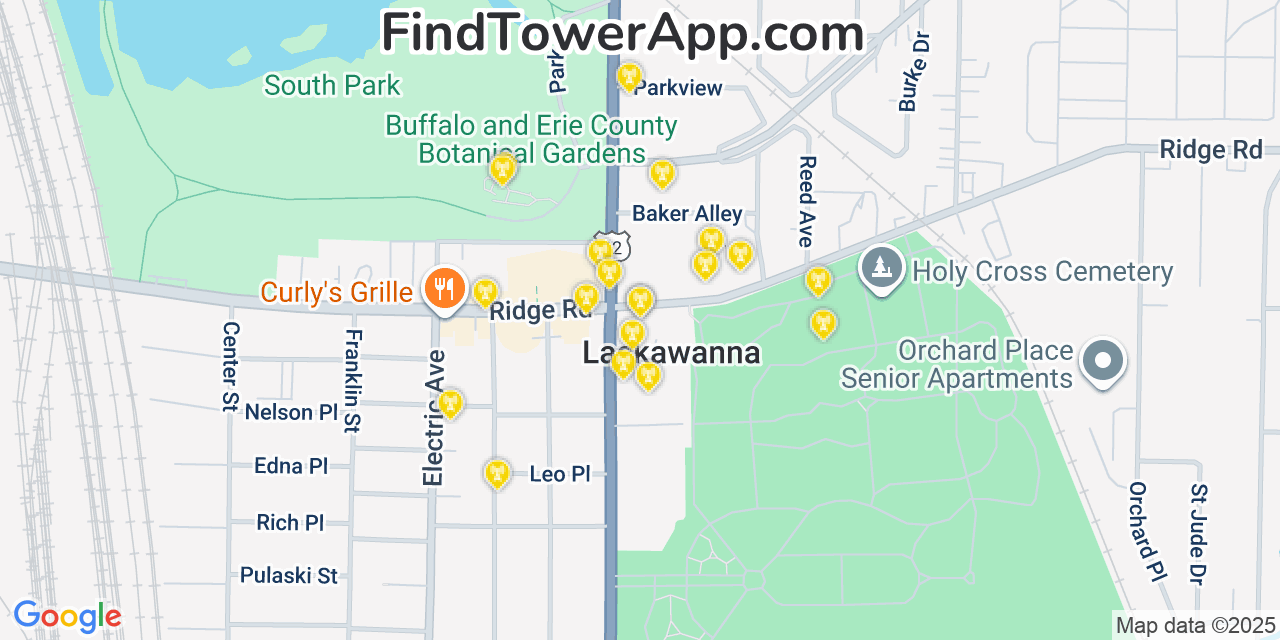 Map showing the 20 primary cell tower locations detected in Lackawanna, New York from AT&T, Verizon, and T-Mobile networks