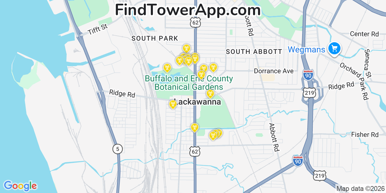 Map showing the 20 primary cell tower locations detected in Lackawanna, New York from AT&T, Verizon, and T-Mobile networks