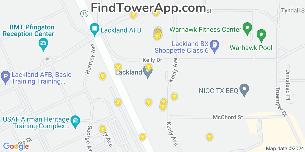 AT&T 4G/5G cell tower coverage map Lackland Air Force Base, Texas