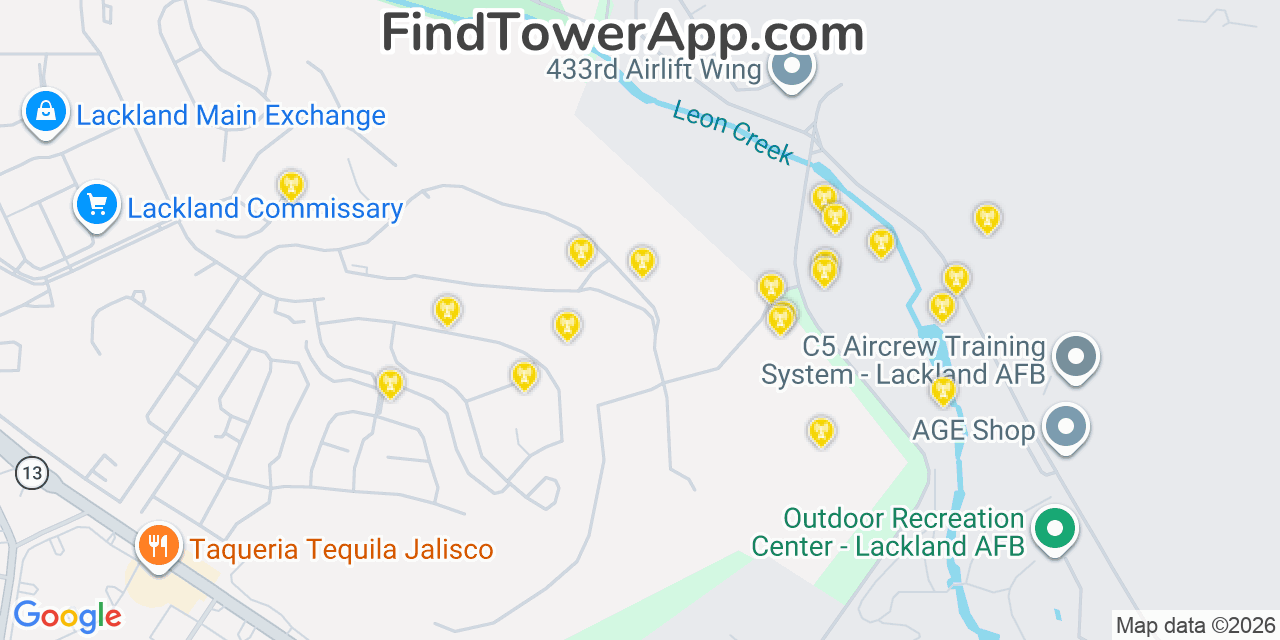 Map showing the 20 primary cell tower locations detected in Lackland Air Force Base, Texas from AT&T, Verizon, and T-Mobile networks