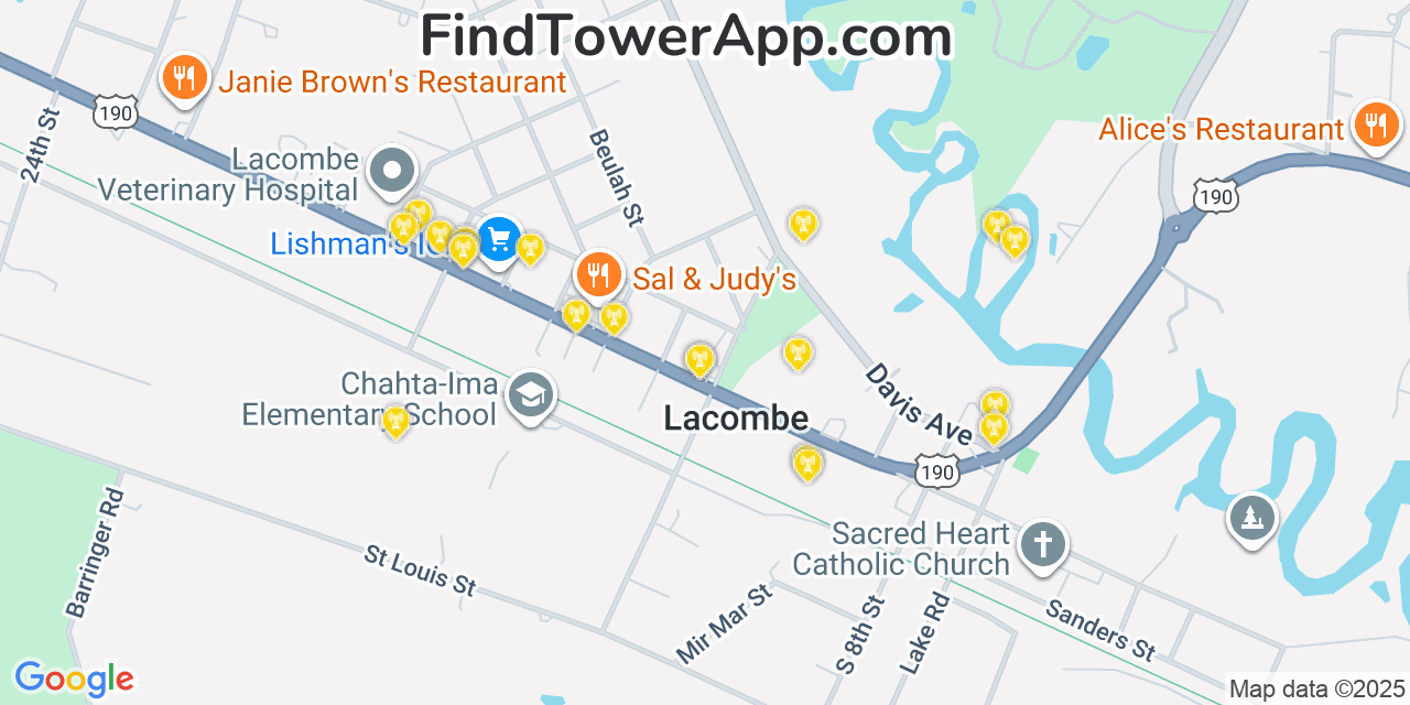 Map showing the 20 primary cell tower locations detected in Lacombe, Louisiana from AT&T, Verizon, and T-Mobile networks