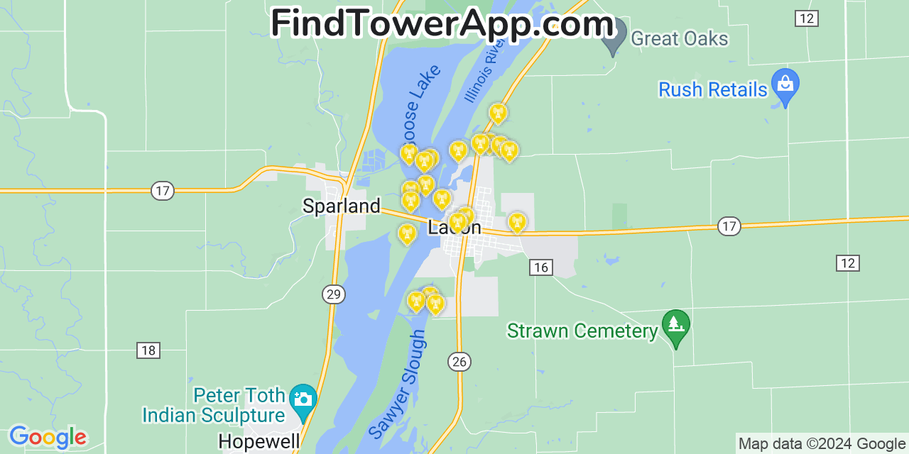 AT&T 4G/5G cell tower coverage map Lacon, Illinois