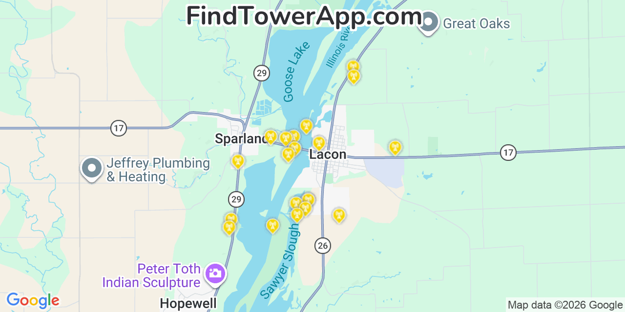 Map showing the 20 primary cell tower locations detected in Lacon, Illinois from AT&T, Verizon, and T-Mobile networks