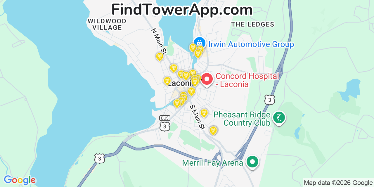 Map showing the 20 primary cell tower locations detected in Laconia, New Hampshire from AT&T, Verizon, and T-Mobile networks