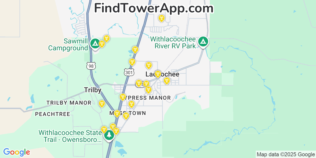 Map showing the 20 primary cell tower locations detected in Lacoochee, Florida from AT&T, Verizon, and T-Mobile networks
