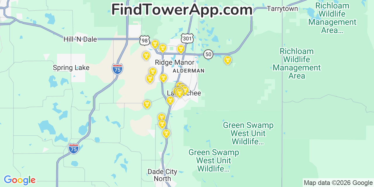 Map showing the 20 primary cell tower locations detected in Lacoochee, Florida from AT&T, Verizon, and T-Mobile networks