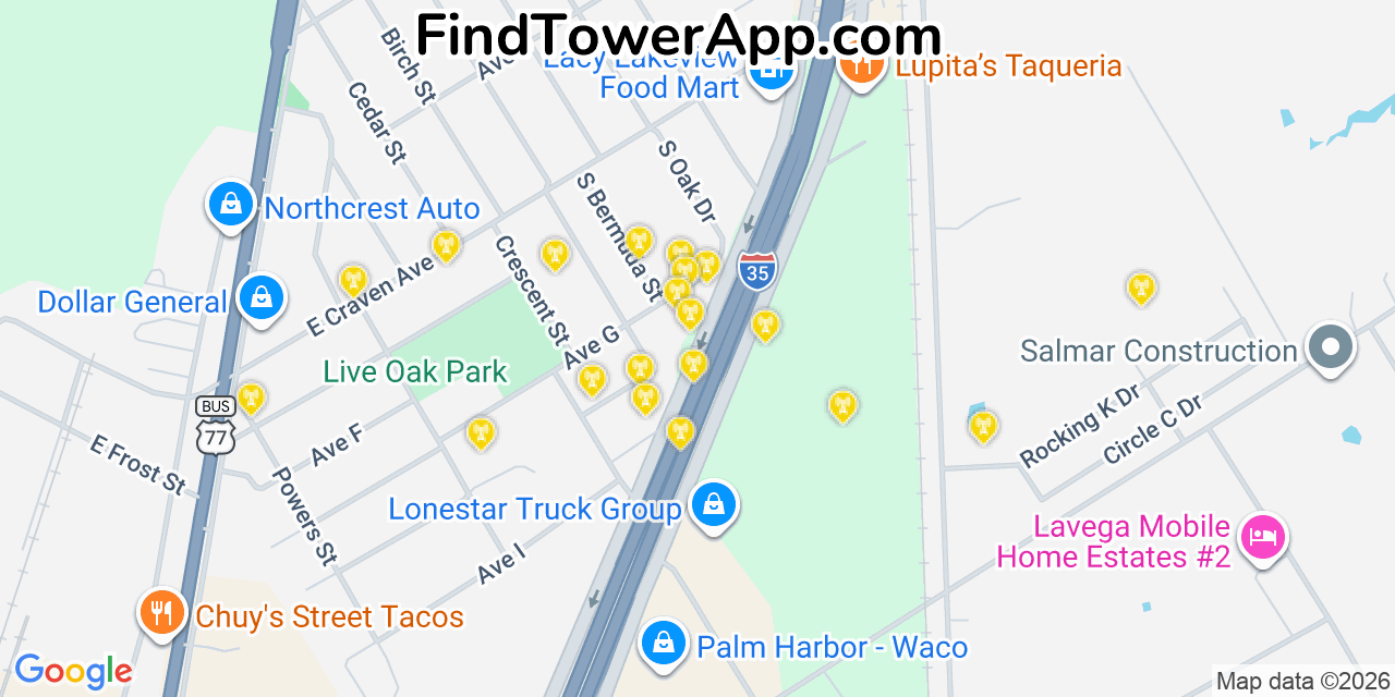 Map showing the 20 primary cell tower locations detected in Lacy Lakeview, Texas from AT&T, Verizon, and T-Mobile networks