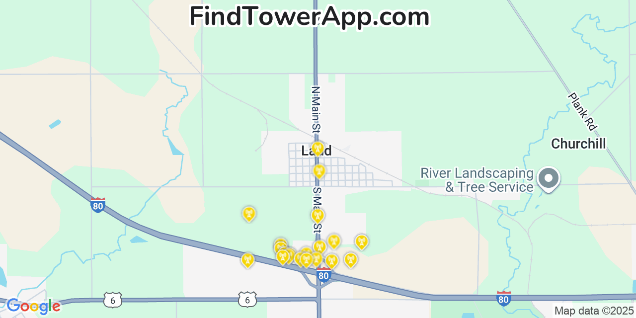 Map showing the 20 primary cell tower locations detected in Ladd, Illinois from AT&T, Verizon, and T-Mobile networks