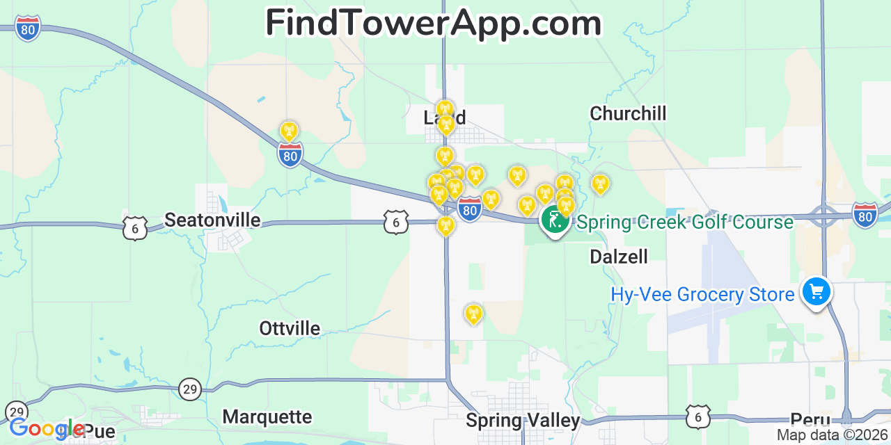 Map showing the 20 primary cell tower locations detected in Ladd, Illinois from AT&T, Verizon, and T-Mobile networks