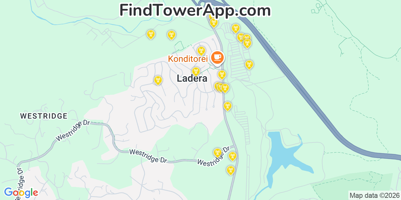 Map showing the 20 primary cell tower locations detected in Ladera, California from AT&T, Verizon, and T-Mobile networks