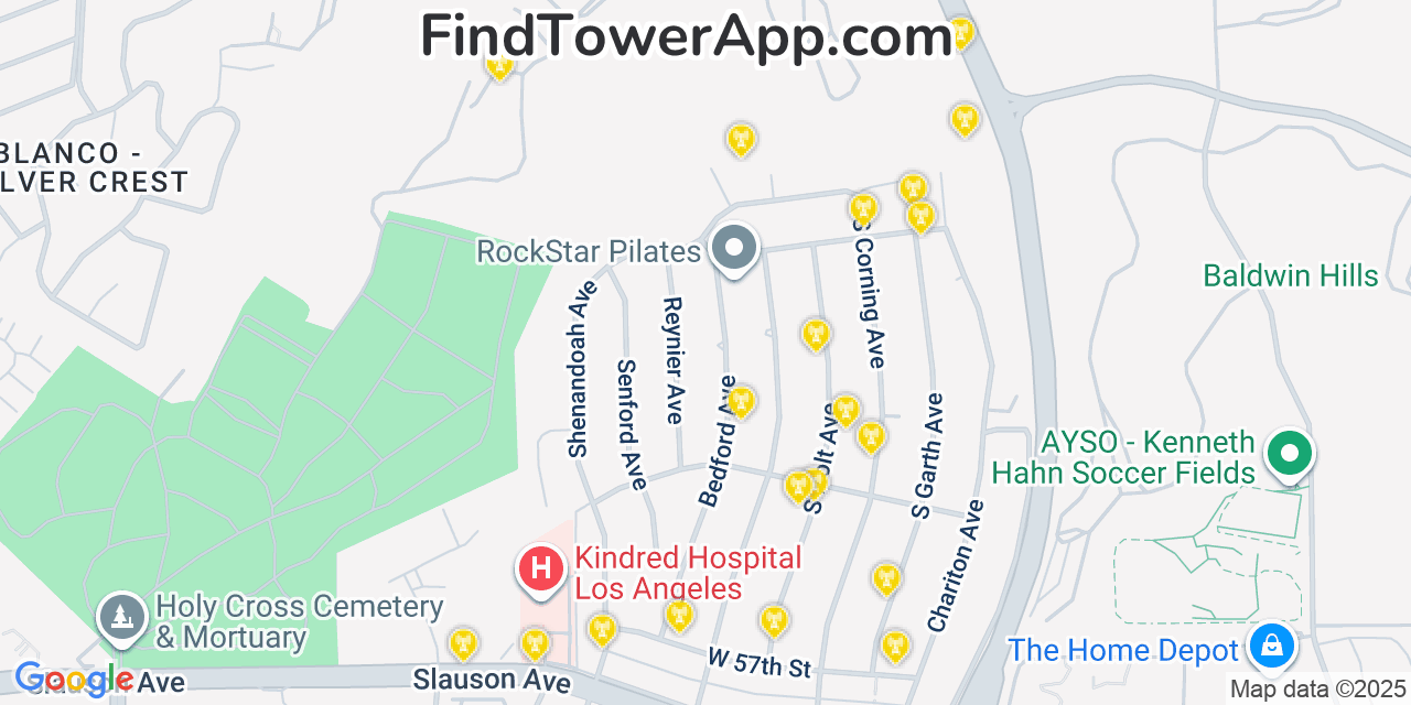 Map showing the 20 primary cell tower locations detected in Ladera Heights, California from AT&T, Verizon, and T-Mobile networks