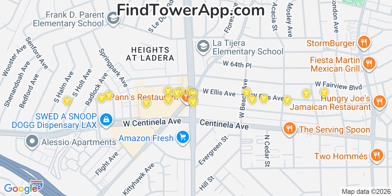 Map showing the 20 primary cell tower locations detected in Ladera Heights, California from AT&T, Verizon, and T-Mobile networks