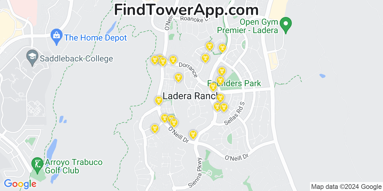 AT&T 4G/5G cell tower coverage map Ladera Ranch, California