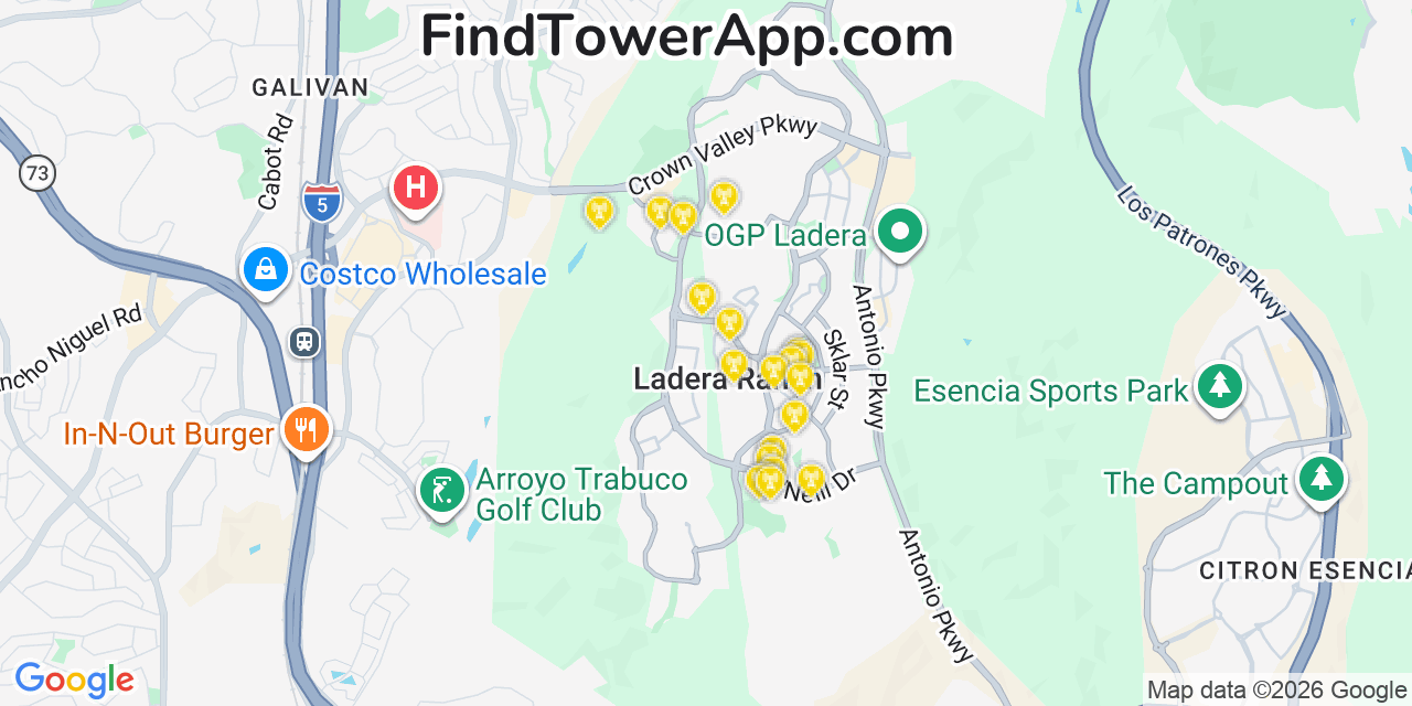 Map showing the 20 primary cell tower locations detected in Ladera Ranch, California from AT&T, Verizon, and T-Mobile networks