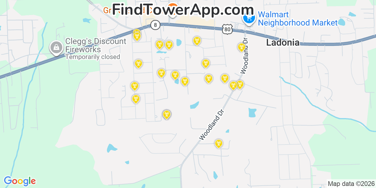 Map showing the 20 primary cell tower locations detected in Ladonia, Alabama from AT&T, Verizon, and T-Mobile networks
