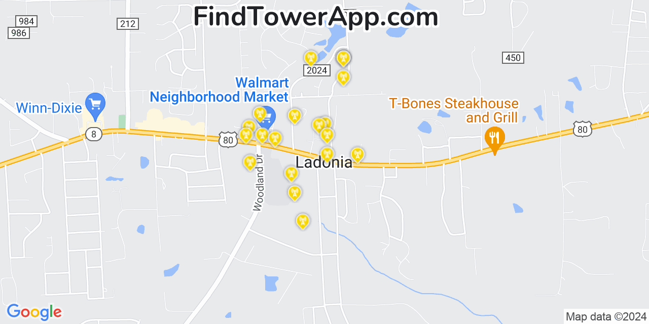 Verizon 4G/5G cell tower coverage map Ladonia, Alabama