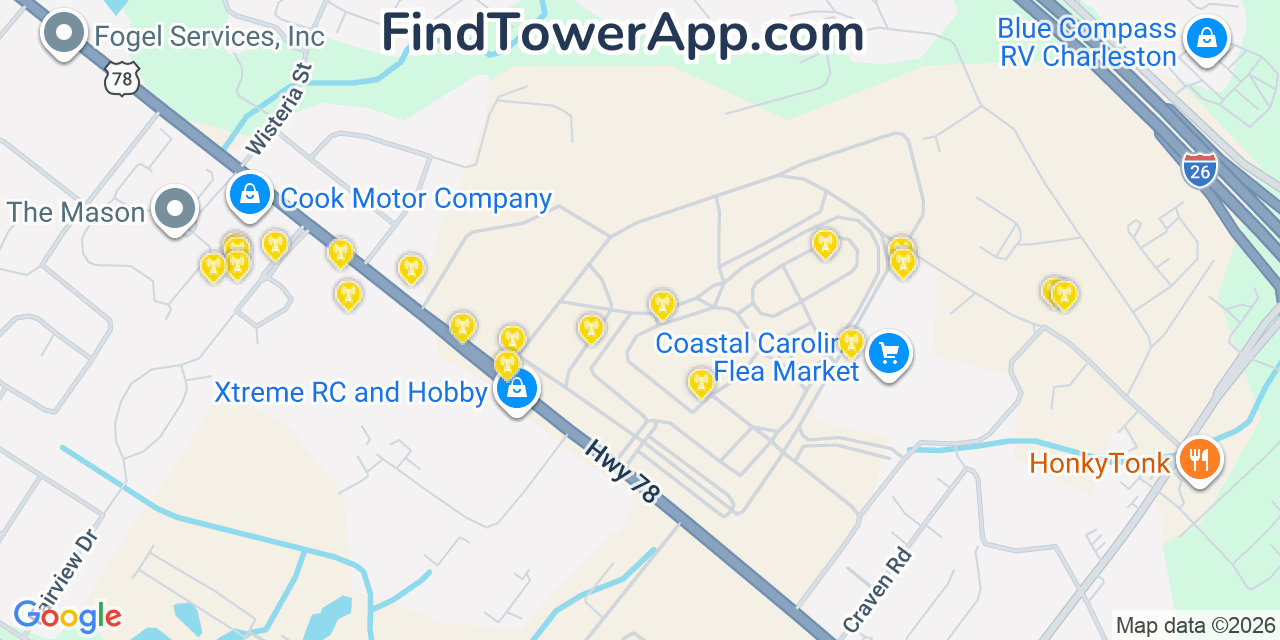 Map showing the 20 primary cell tower locations detected in Ladson, South Carolina from AT&T, Verizon, and T-Mobile networks