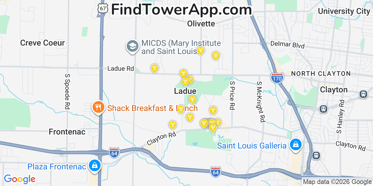 Map showing the 20 primary cell tower locations detected in Ladue, Missouri from AT&T, Verizon, and T-Mobile networks