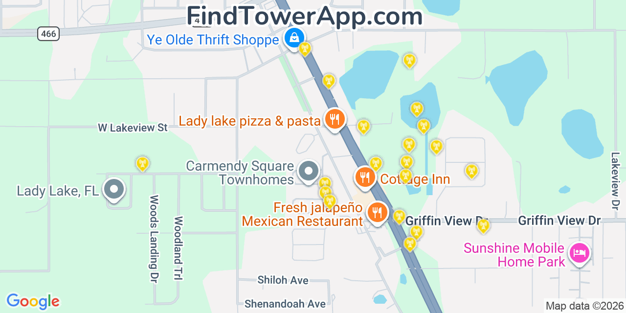 Map showing the 20 primary cell tower locations detected in Lady Lake, Florida from AT&T, Verizon, and T-Mobile networks