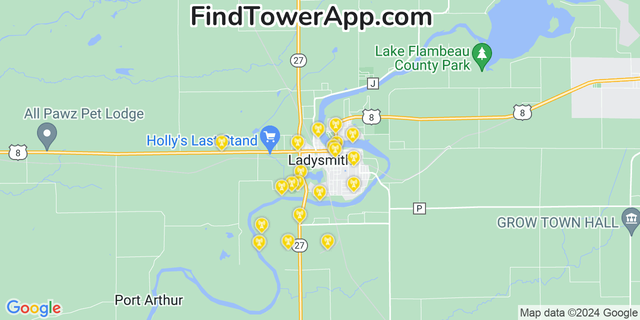 AT&T 4G/5G cell tower coverage map Ladysmith, Wisconsin