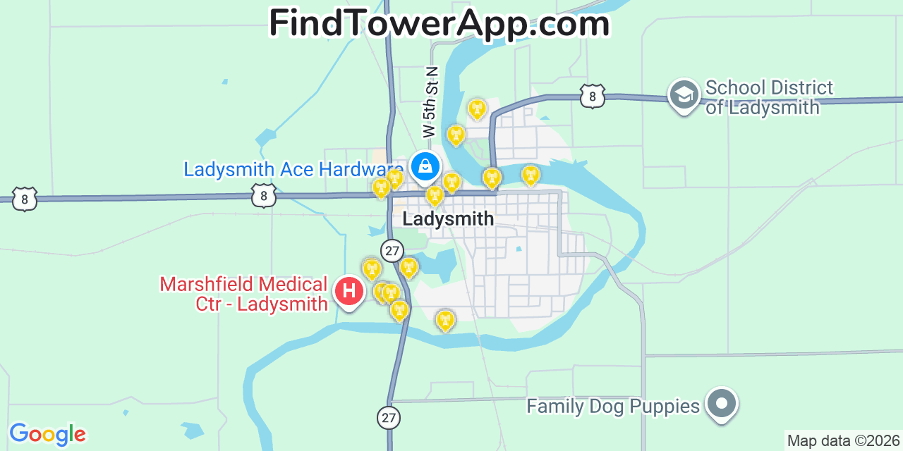 Map showing the 20 primary cell tower locations detected in Ladysmith, Wisconsin from AT&T, Verizon, and T-Mobile networks