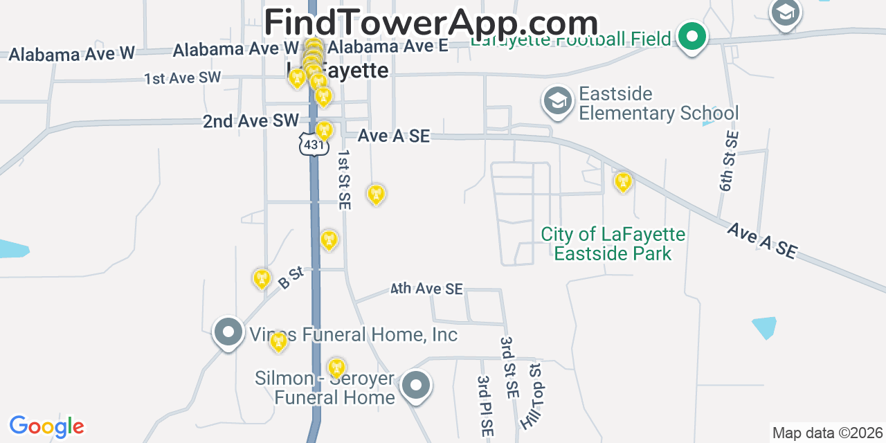 Map showing the 20 primary cell tower locations detected in Lafayette, Alabama from AT&T, Verizon, and T-Mobile networks