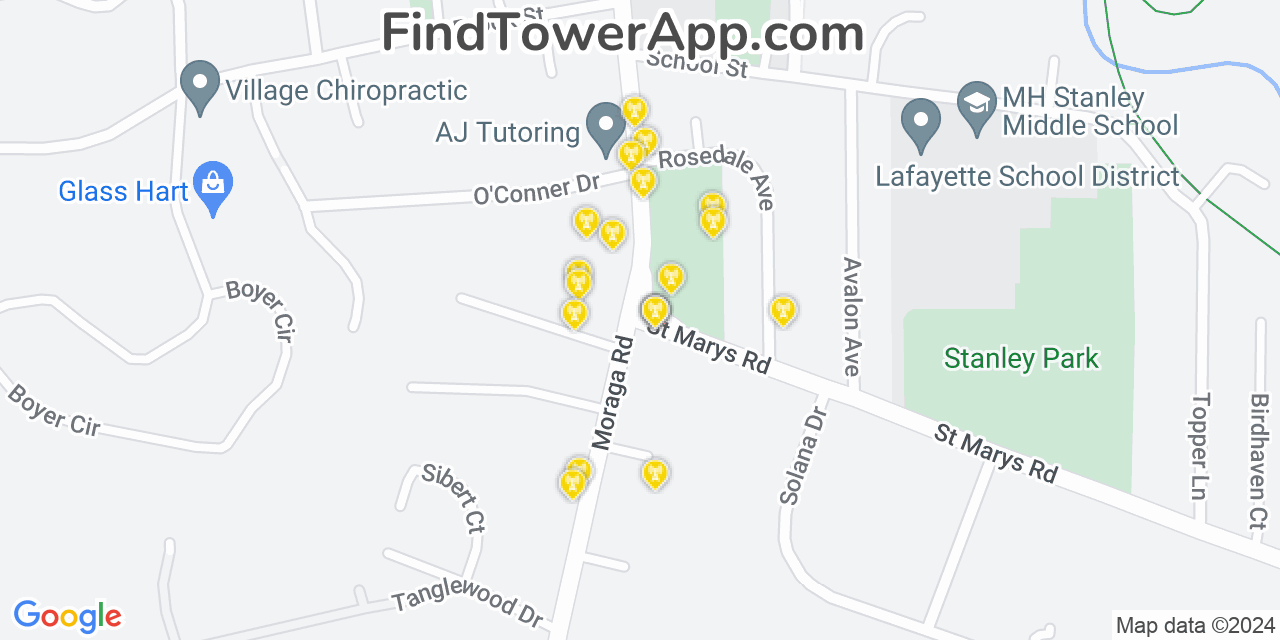 AT&T 4G/5G cell tower coverage map Lafayette, California