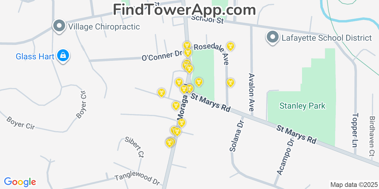 Map showing the 20 primary cell tower locations detected in Lafayette, California from AT&T, Verizon, and T-Mobile networks