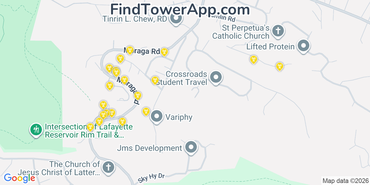 Map showing the 20 primary cell tower locations detected in Lafayette, California from AT&T, Verizon, and T-Mobile networks