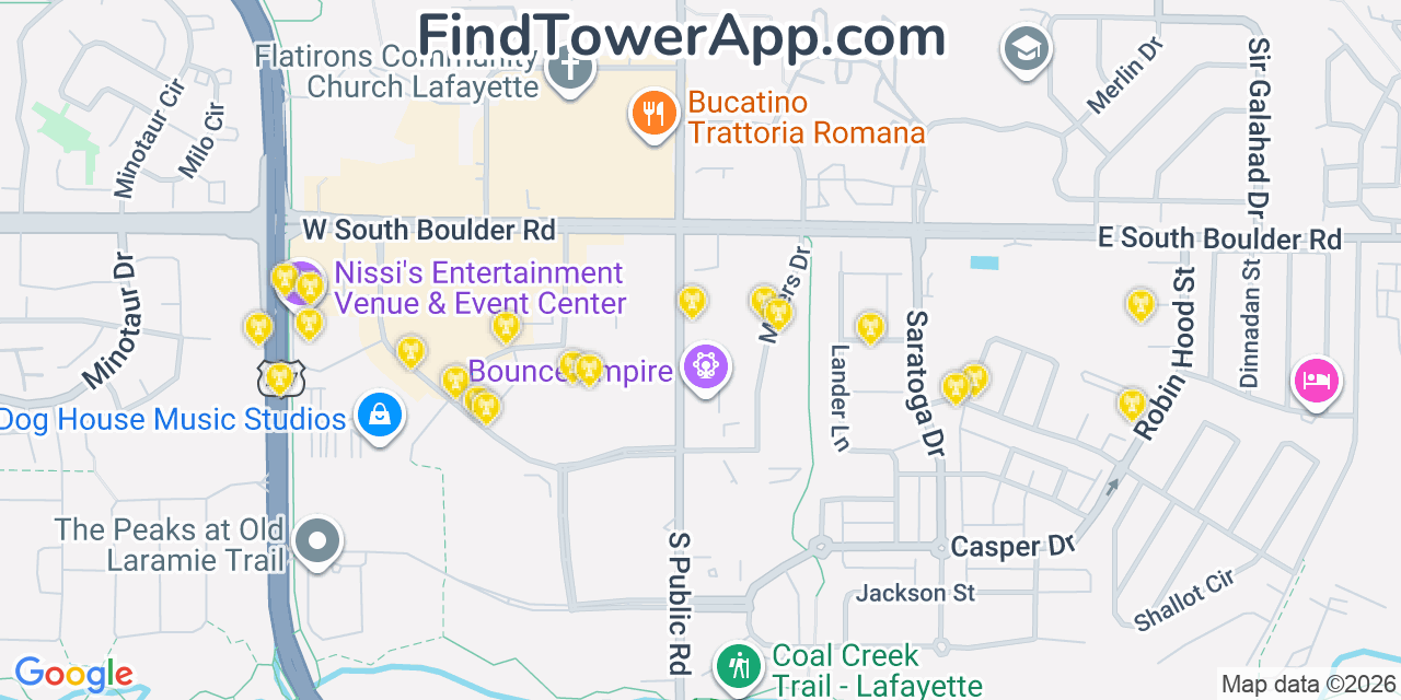 Map showing the 20 primary cell tower locations detected in Lafayette, Colorado from AT&T, Verizon, and T-Mobile networks