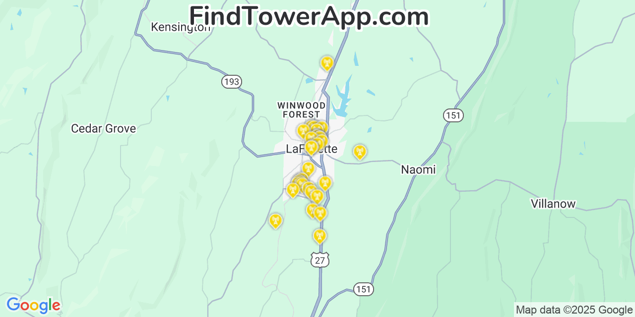 Map showing the 32 primary AT&T cell tower locations detected in Lafayette, Georgia with coverage radius and signal strength indicators