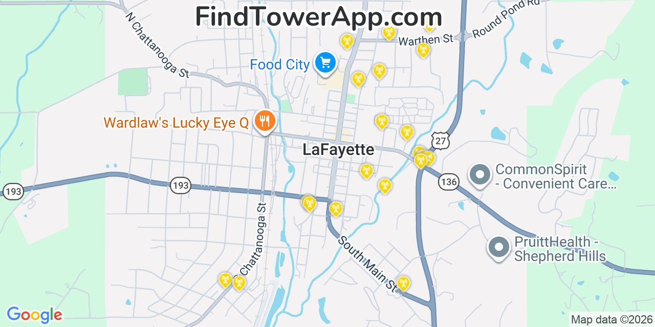 Map showing the 20 primary cell tower locations detected in Lafayette, Georgia from AT&T, Verizon, and T-Mobile networks