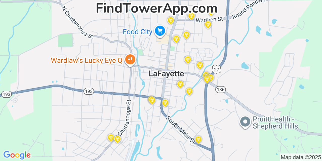 Map showing the 20 primary Mobitel cell tower locations detected in Lafayette, Georgia with coverage radius and signal strength indicators