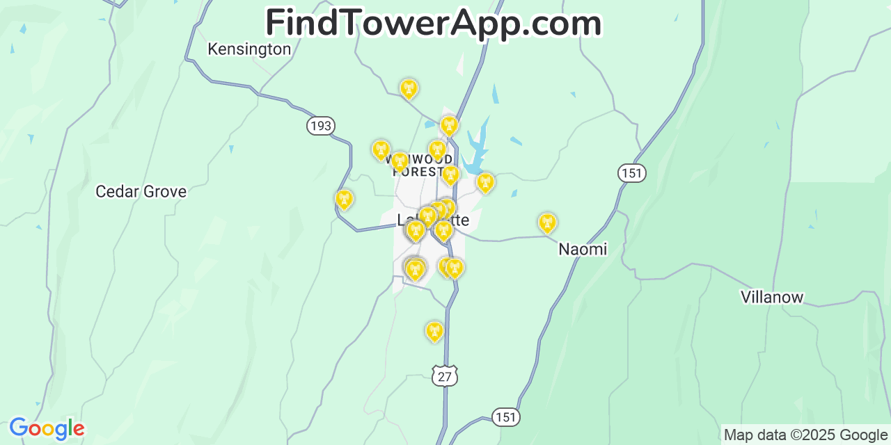 Map showing the 27 primary T-Mobile cell tower locations detected in Lafayette, Georgia with coverage radius and signal strength indicators