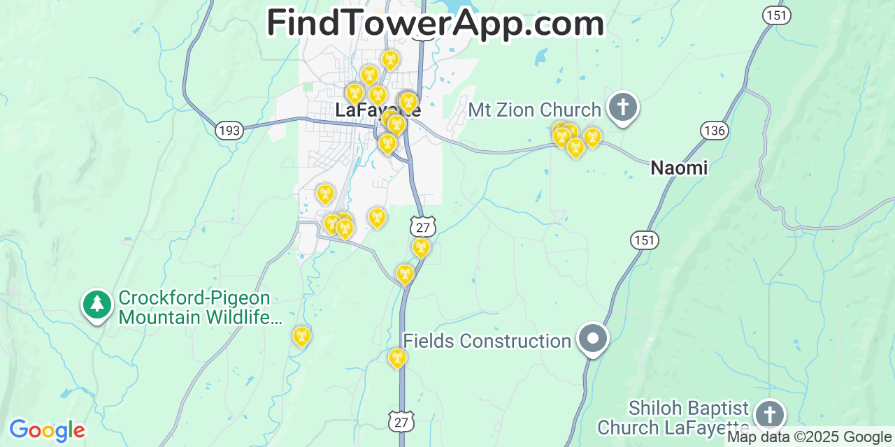Map showing the 29 primary Verizon cell tower locations detected in Lafayette, Georgia with coverage radius and signal strength indicators