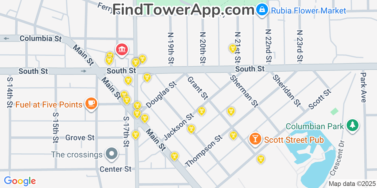 Map showing the 20 primary cell tower locations detected in Lafayette, Indiana from AT&T, Verizon, and T-Mobile networks