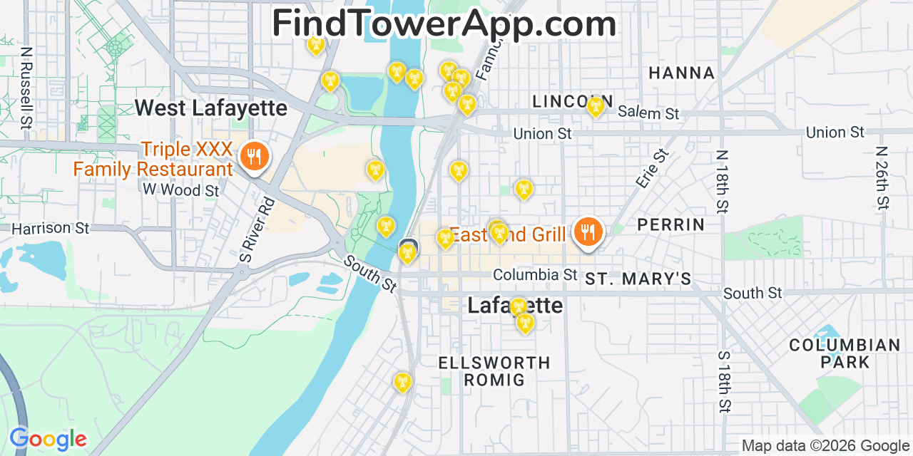 Map showing the 20 primary cell tower locations detected in Lafayette, Indiana from AT&T, Verizon, and T-Mobile networks