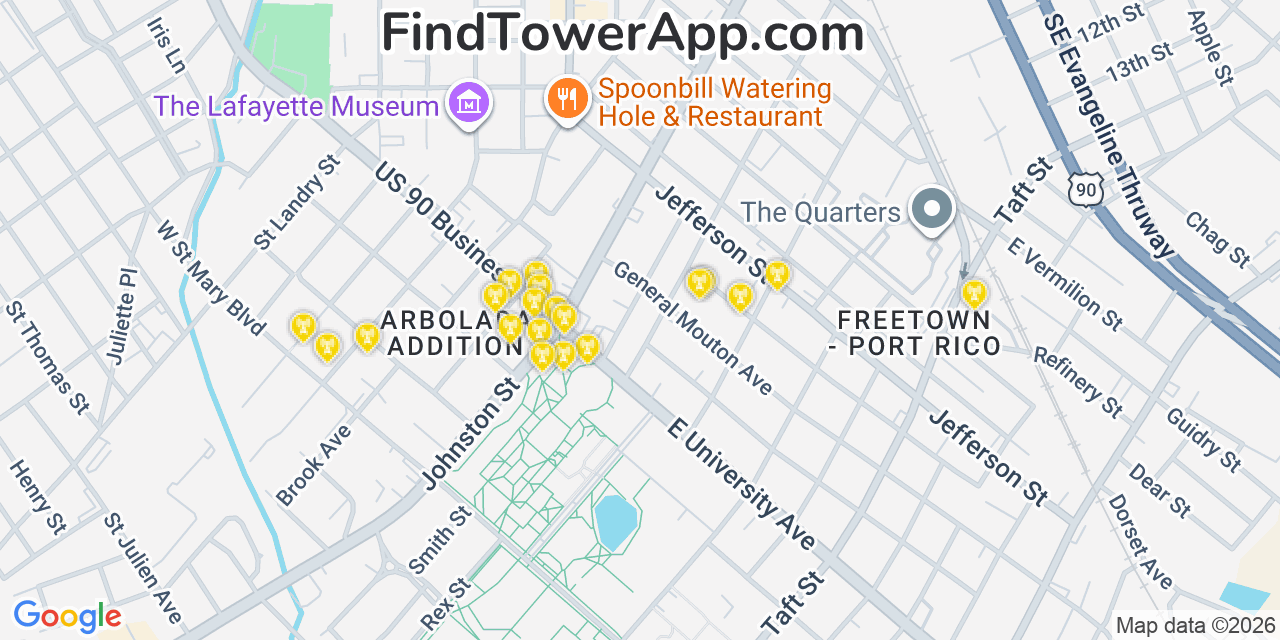 Map showing the 20 primary cell tower locations detected in Lafayette, Louisiana from AT&T, Verizon, and T-Mobile networks