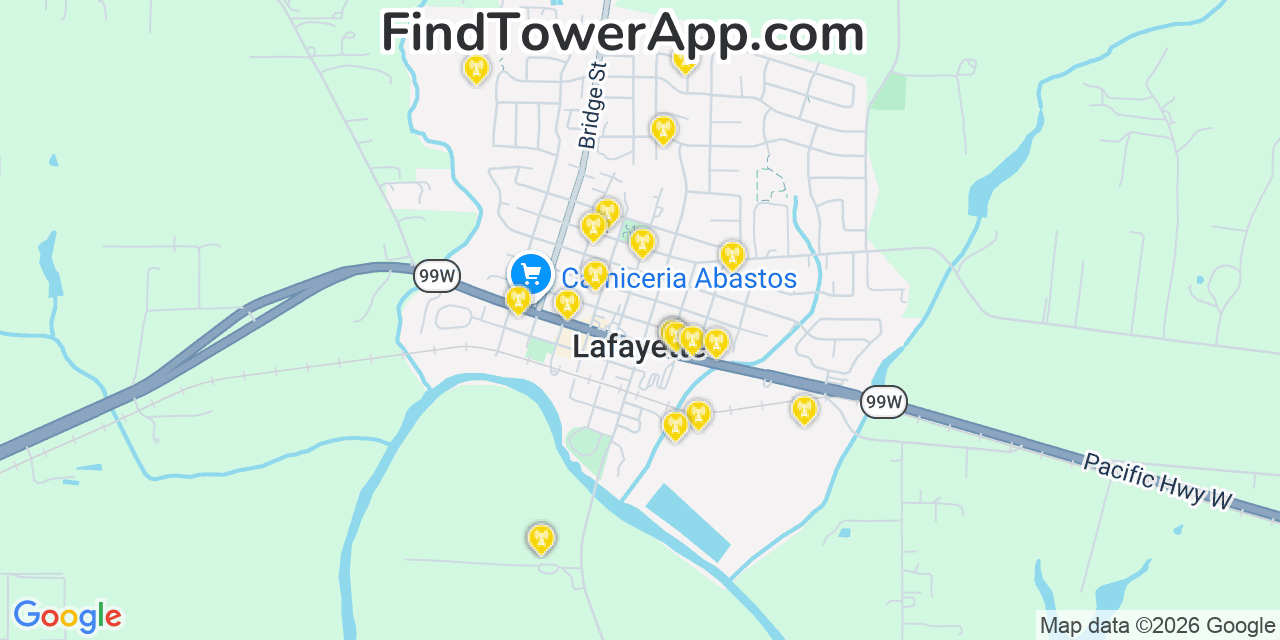 Map showing the 20 primary cell tower locations detected in Lafayette, Oregon from AT&T, Verizon, and T-Mobile networks