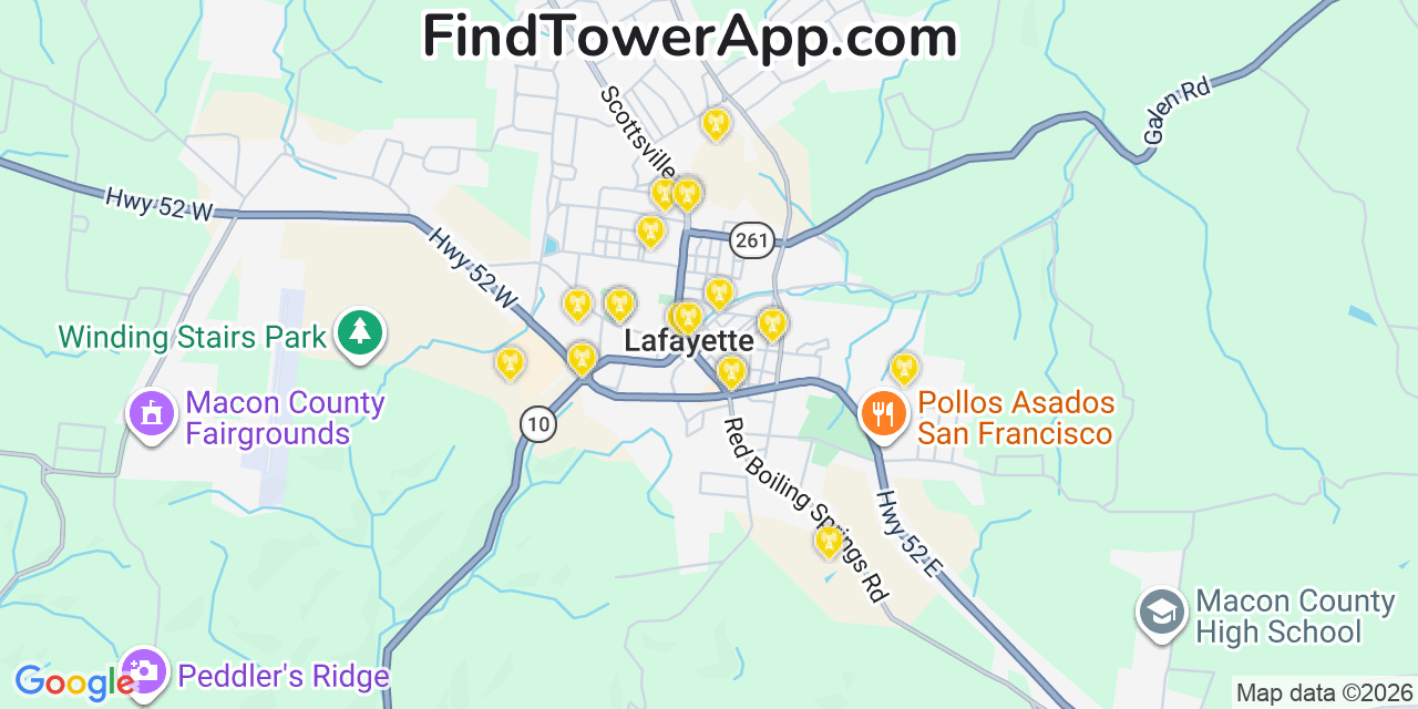 Map showing the 20 primary cell tower locations detected in Lafayette, Tennessee from AT&T, Verizon, and T-Mobile networks