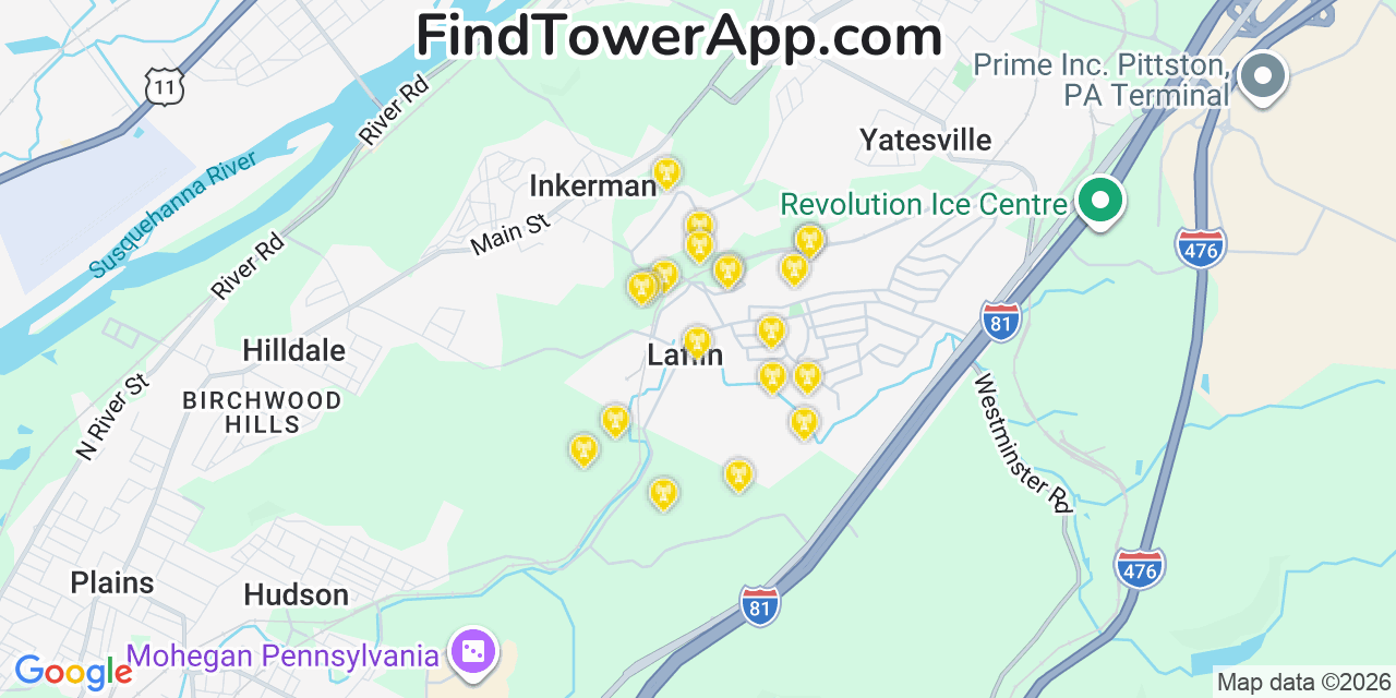 Map showing the 20 primary cell tower locations detected in Laflin, Pennsylvania from AT&T, Verizon, and T-Mobile networks